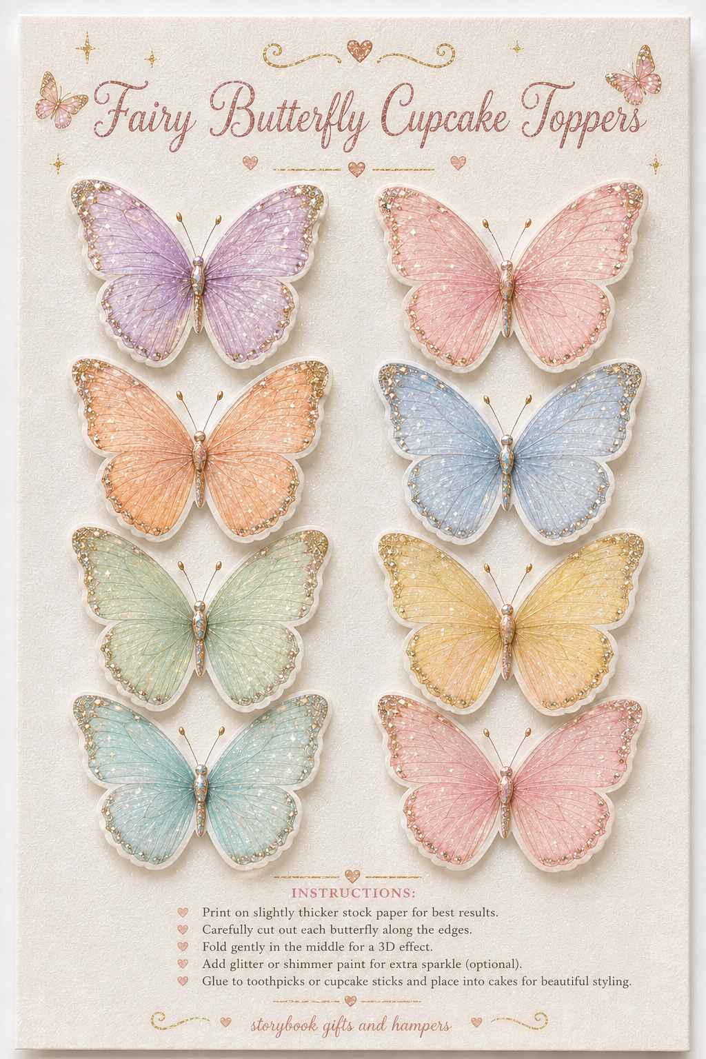 Set of fairy butterfly cupcake toppers on a decorative card with instructions.